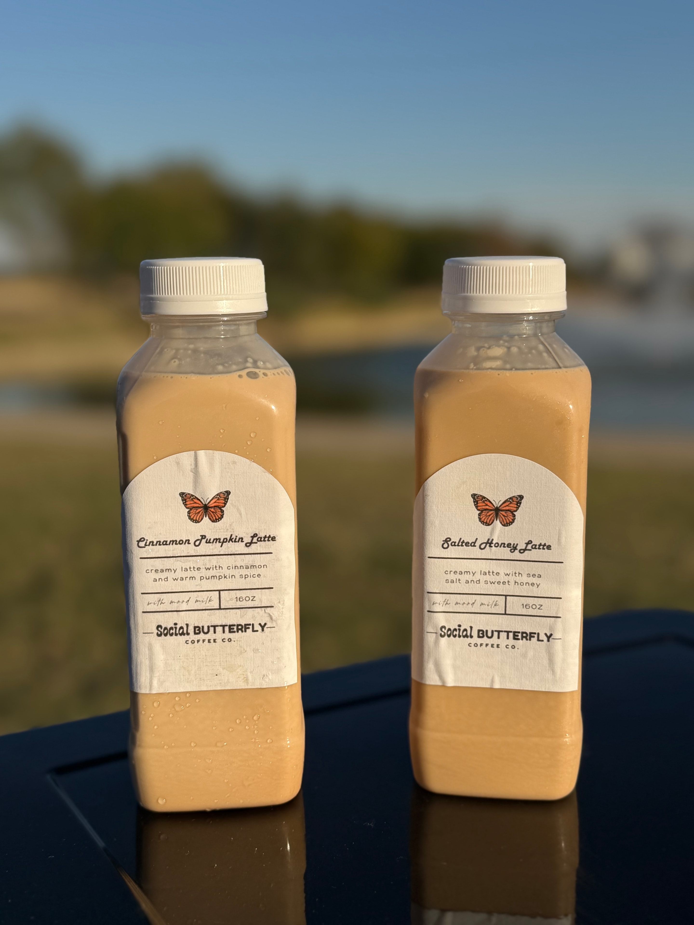 Cinnamon Pumpkin Latte and Salted Honey Latte bottles from Social Butterfly Coffee Co